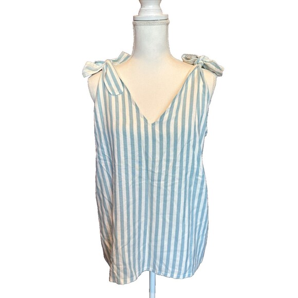 Sunshine Tienda Top Tie Shoulder Womens M/L Blue White Stripe Boho Coastal - Picture 1 of 9